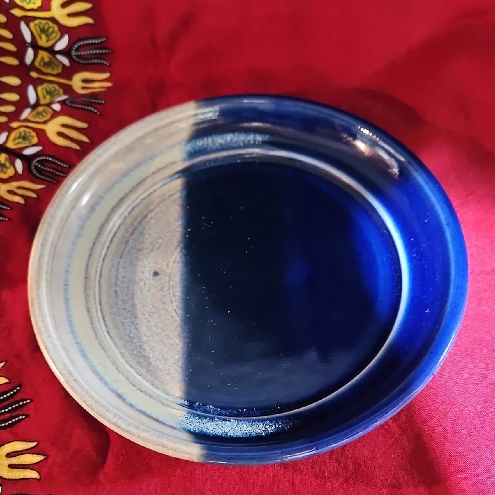 Handmade/Signed Ceramic Berry Bowl & Underplate w/Vibrant Blue Speckled Glaze